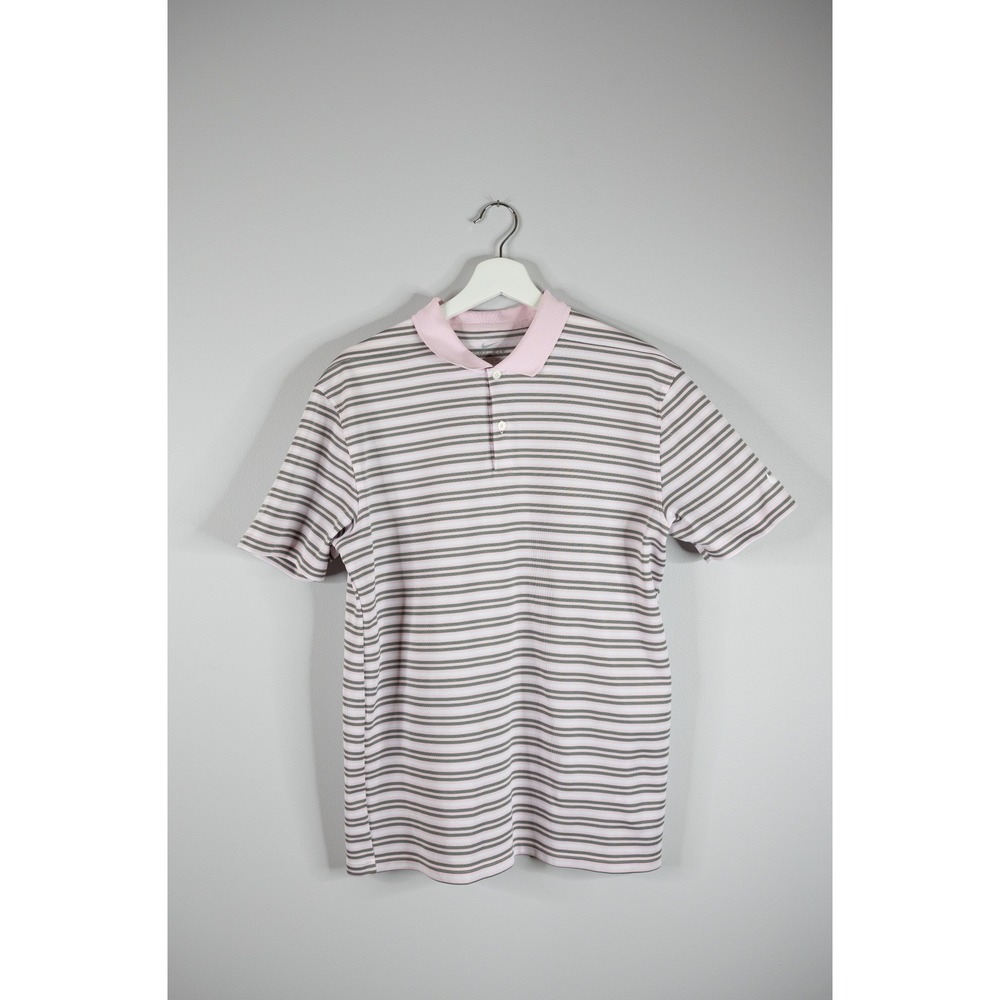 Nike Golf Polo Shirt Mens Medium Pink Grey Striped Casual Dri-FIT Standard Fit